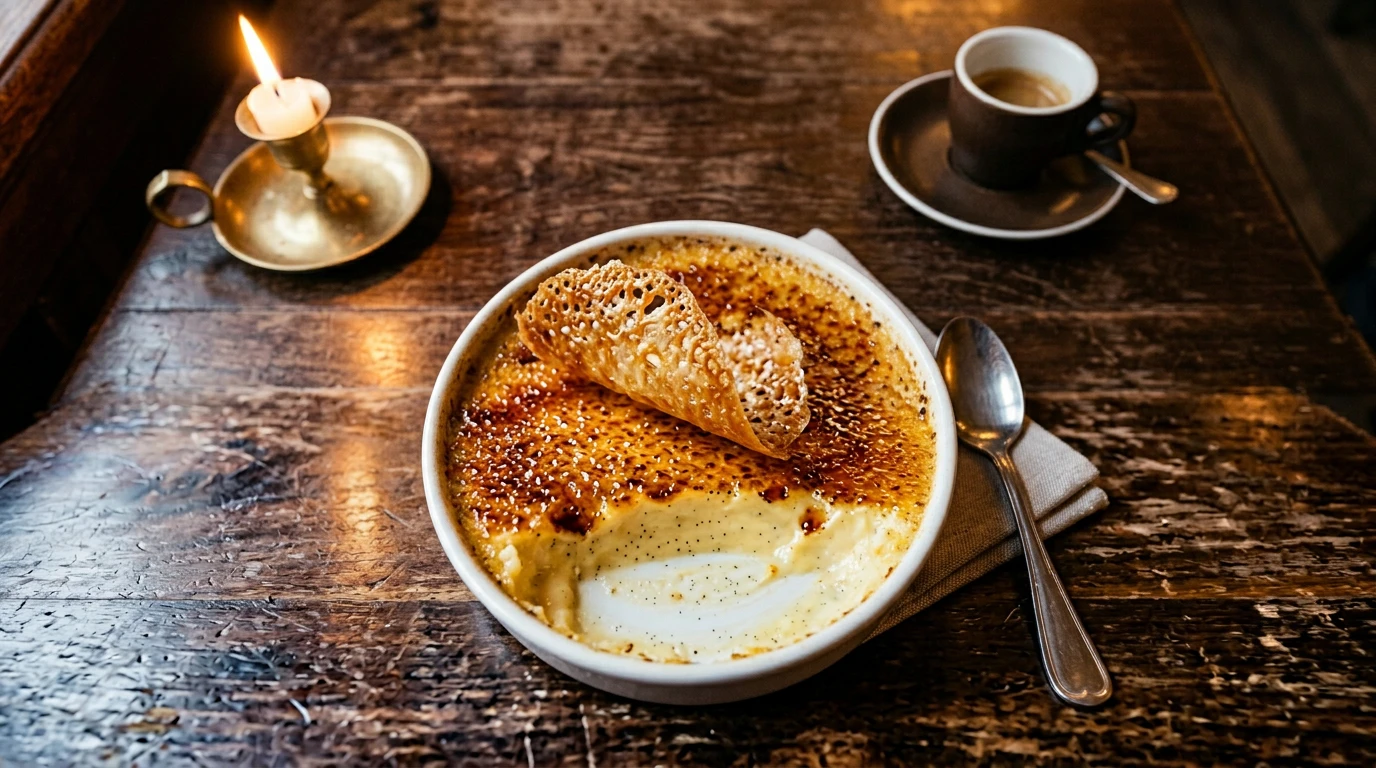Dessert du restaurant Le Baccus, crème brûlée à la vanille avec tuile au caramel