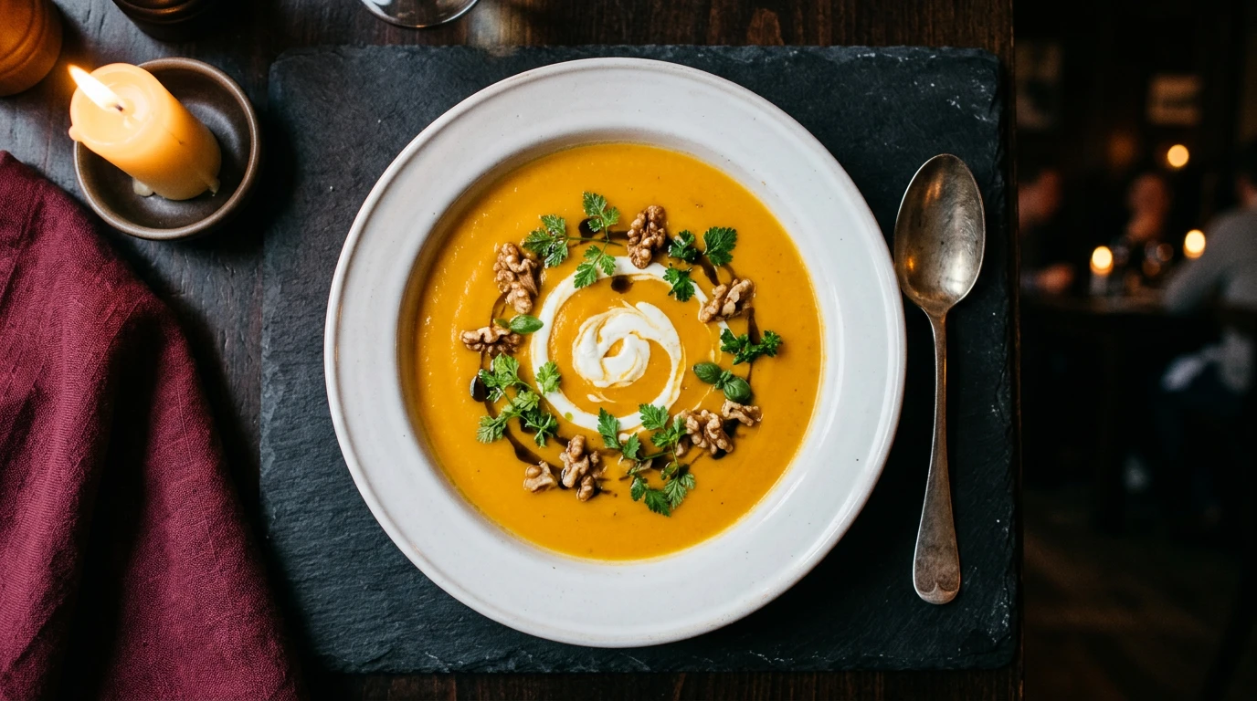 Entrée gastronomique du restaurant Le Baccus, velouté de potiron servi dans un bol en porcelaine